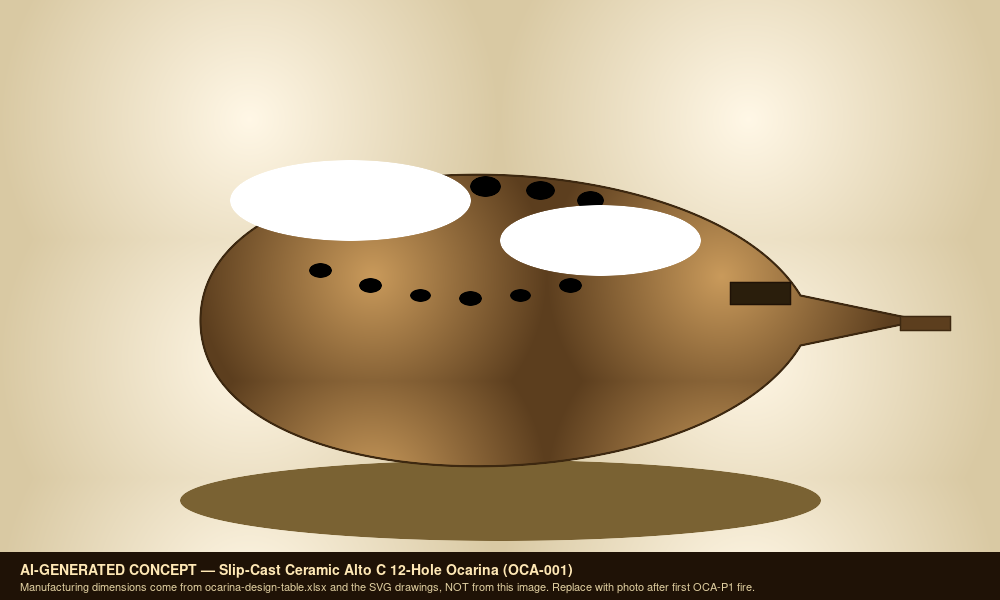 Hero — AI-generated concept render of a slip-cast Alto C 12-hole ocarina (placeholder until first prototype is photographed)